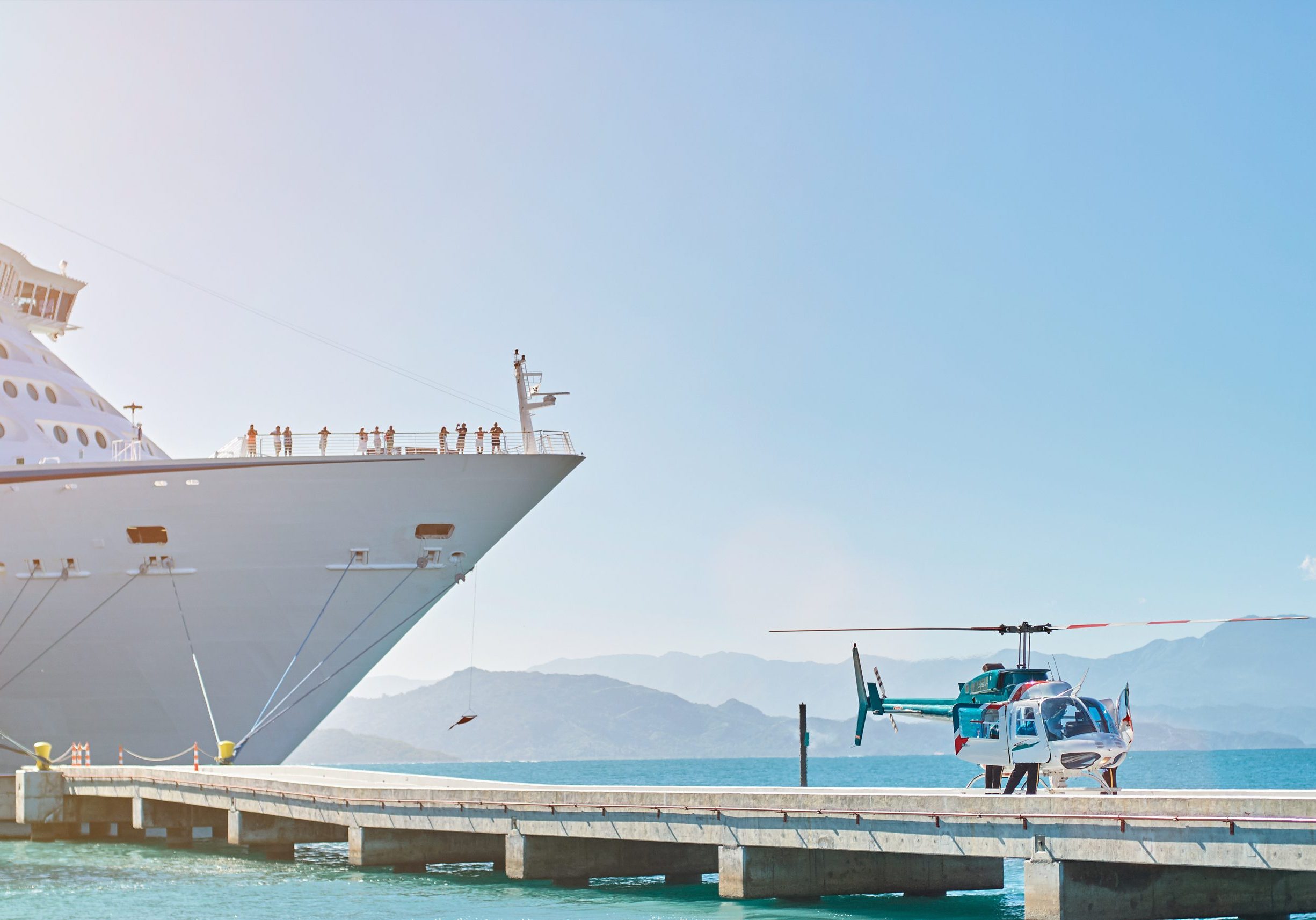 emergency in cruise ship helicopter take off from emergency in cruise ship on pier