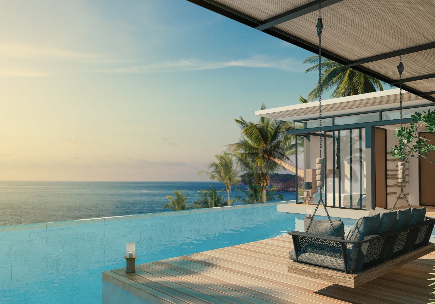 Sea View Pool Sea View Andaman sea Beautiful Swimming pool with armchair and wooden floor - 3d rendering