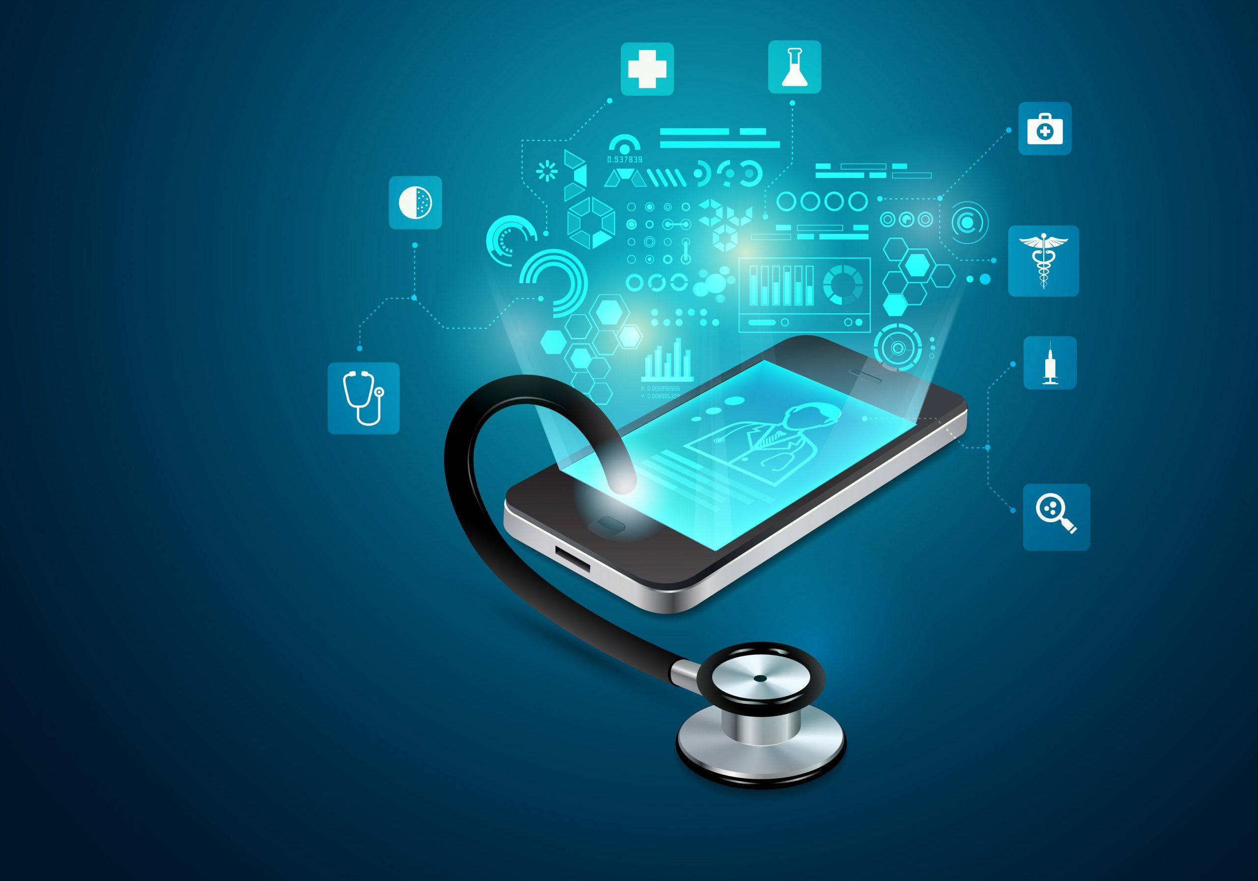 concept of telemedicine or e-health, graphic of realistic smart device with stethoscope reaching out from the screen concept of telemedicine or e-health, graphic of realistic smart device with stethoscope reaching out from the screen